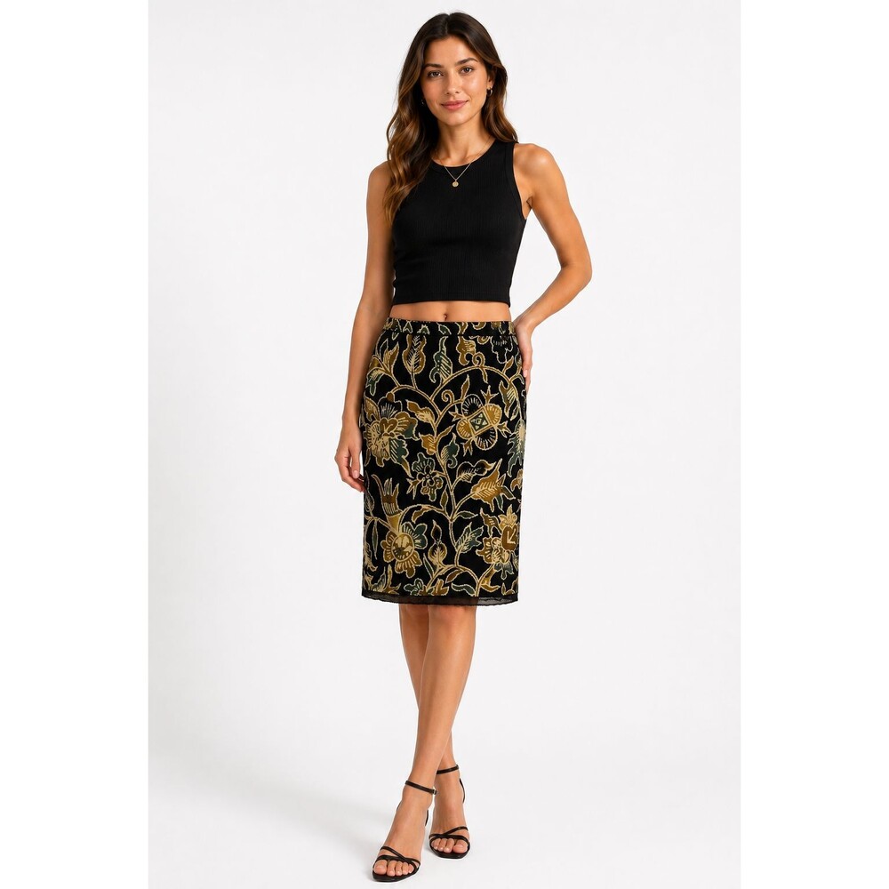 Peruvian Connection Knit Skirt Size Medium Floral Cotton Knee Length Straight